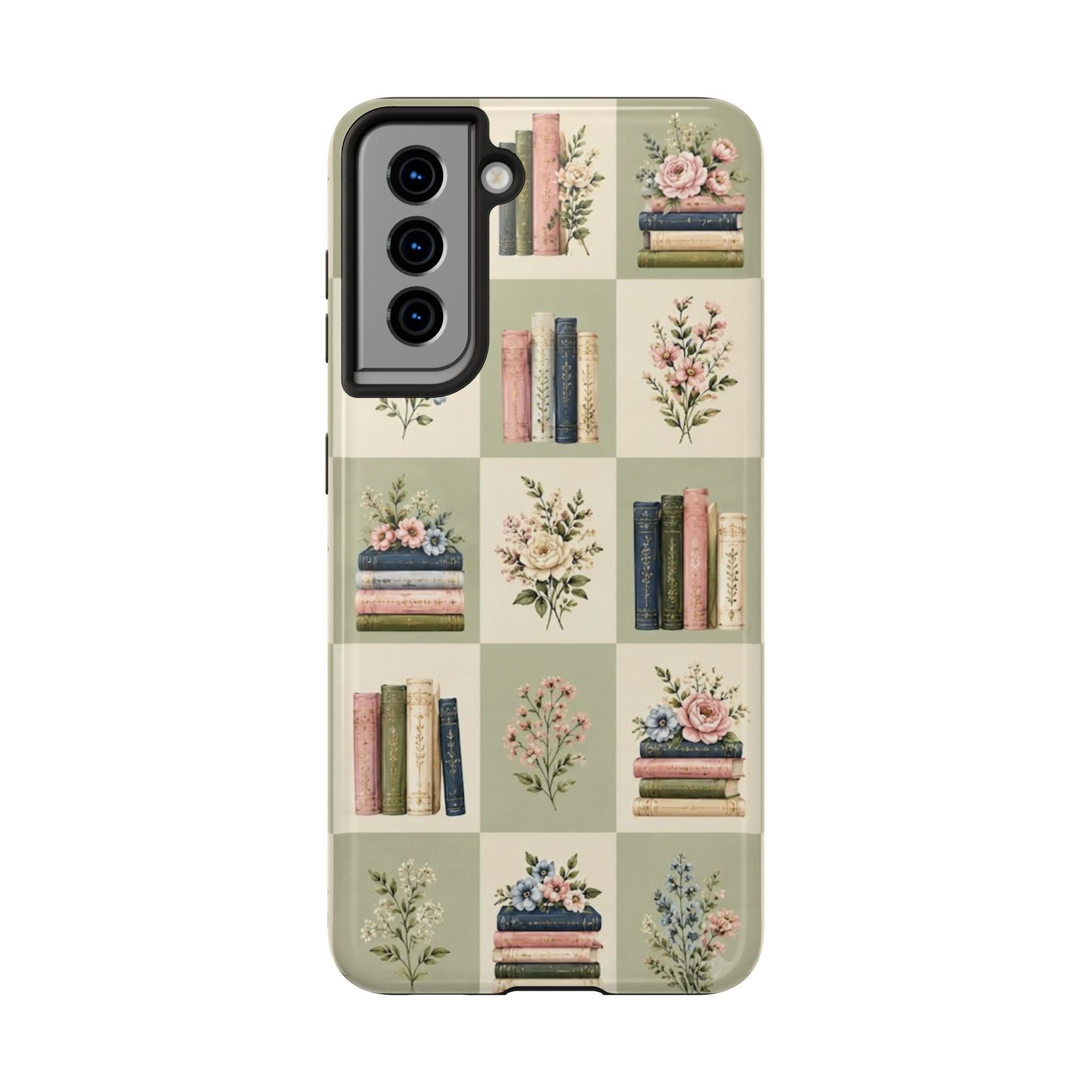 Floral Bookshelf Tough Phone Case — Vintage Floral & Stacked Books Pattern