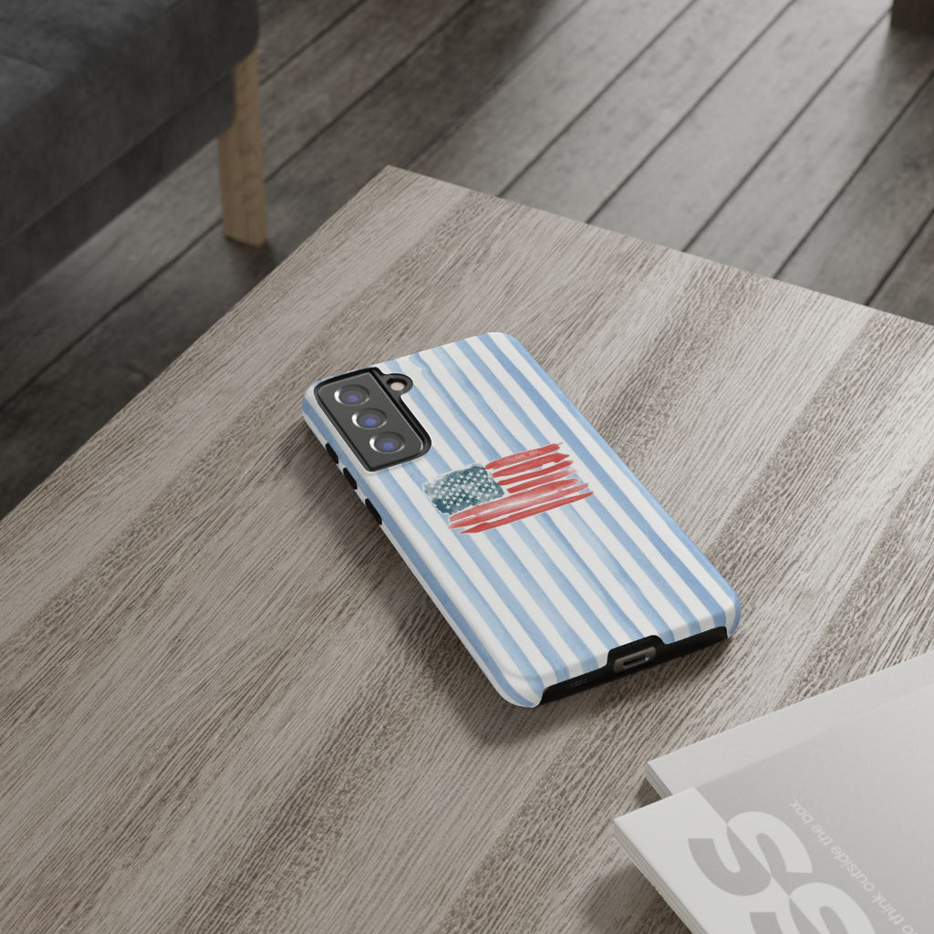 American Flag Watercolor Phone Case - Blue Stripe Tough Case