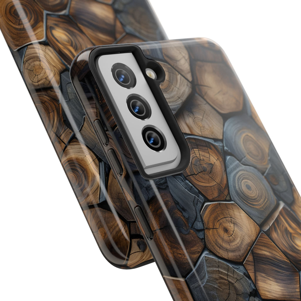 Woodgrain Hex Pattern Tough Phone Case — Rustic Log Cross-Section Design
