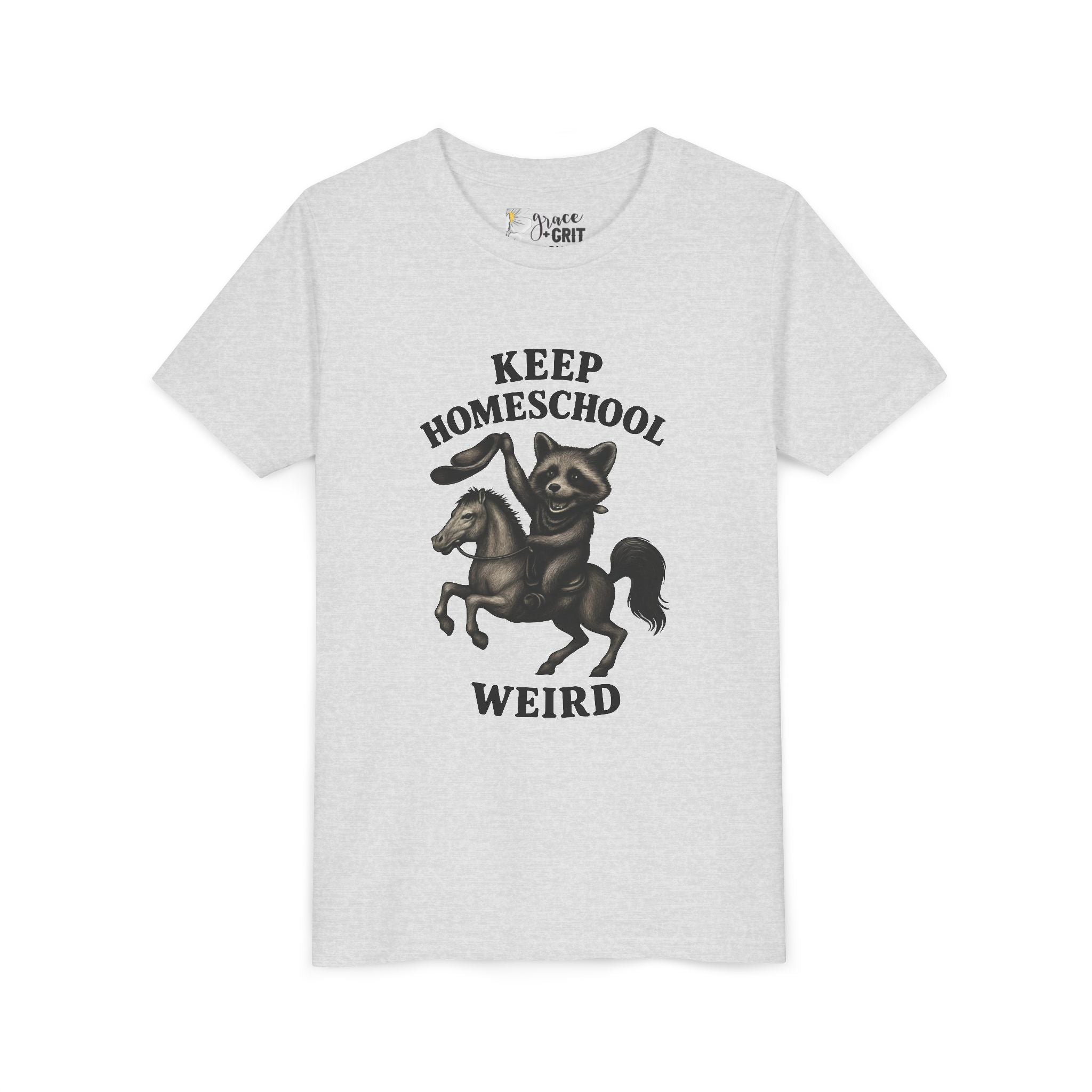 Keep Homeschool Weird Youth Tee | Raccoon Riding Horse Illustration