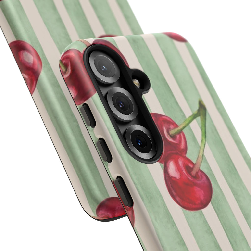 Cherry Stripe Phone Case – Retro Watercolor Cherries on Mint Stripes