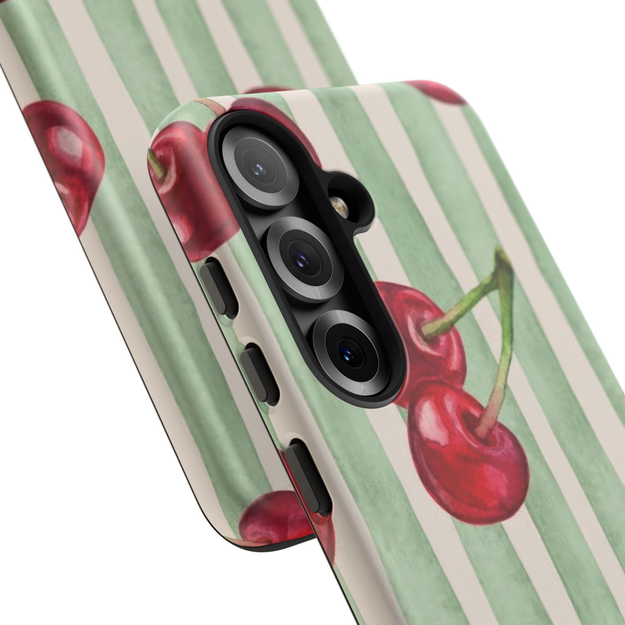 Cherry Stripe Phone Case – Retro Watercolor Cherries on Mint Stripes