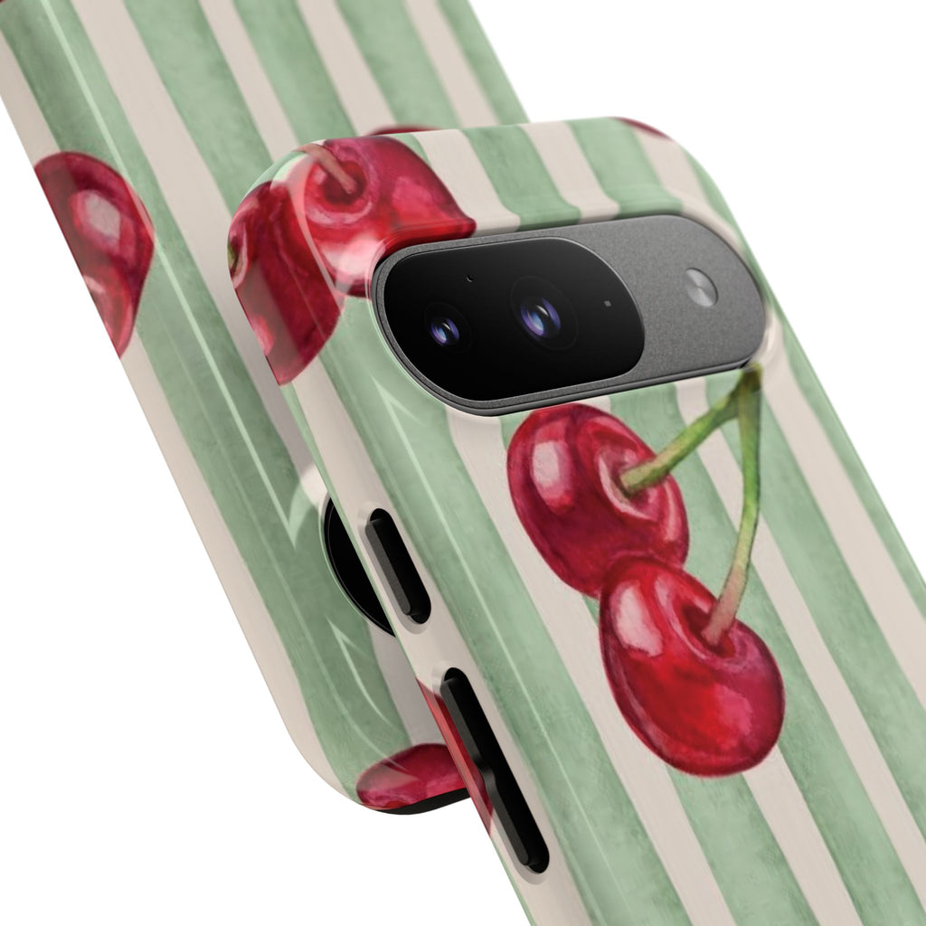 Cherry Stripe Phone Case – Retro Watercolor Cherries on Mint Stripes