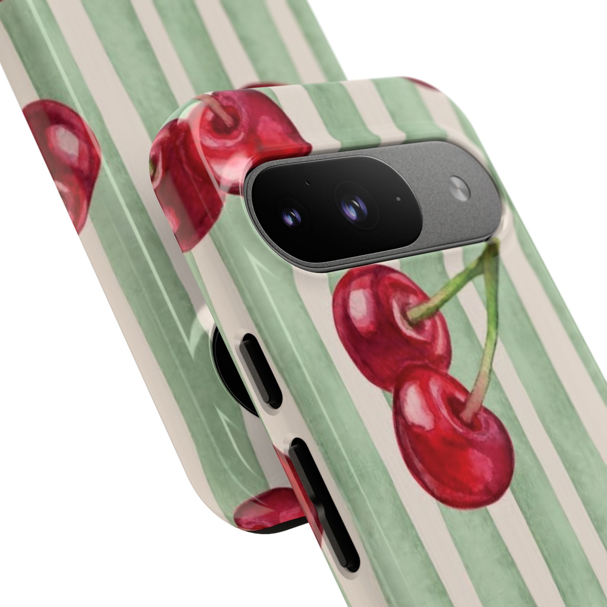 Cherry Stripe Phone Case – Retro Watercolor Cherries on Mint Stripes