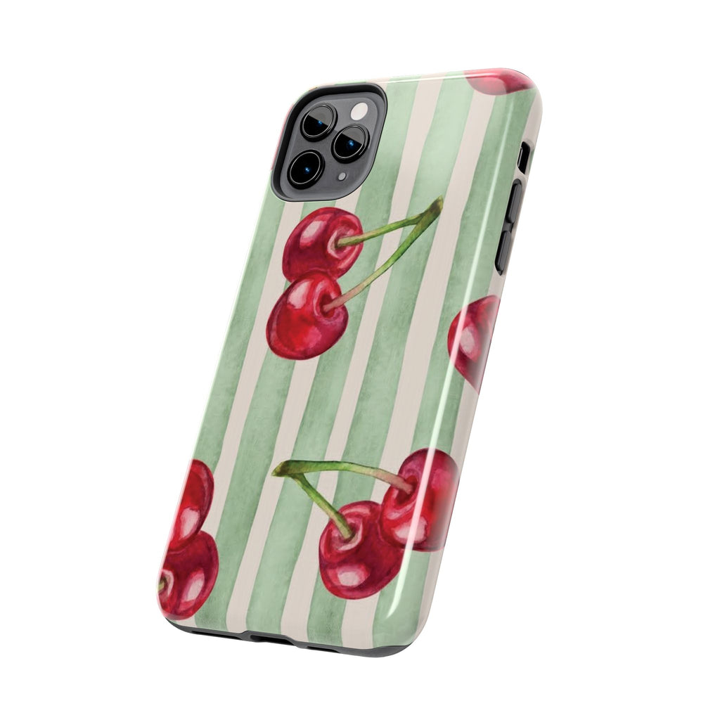 Cherry Stripe Tough Phone Case — Retro Watercolor Cherry Pattern Durable Phone Case