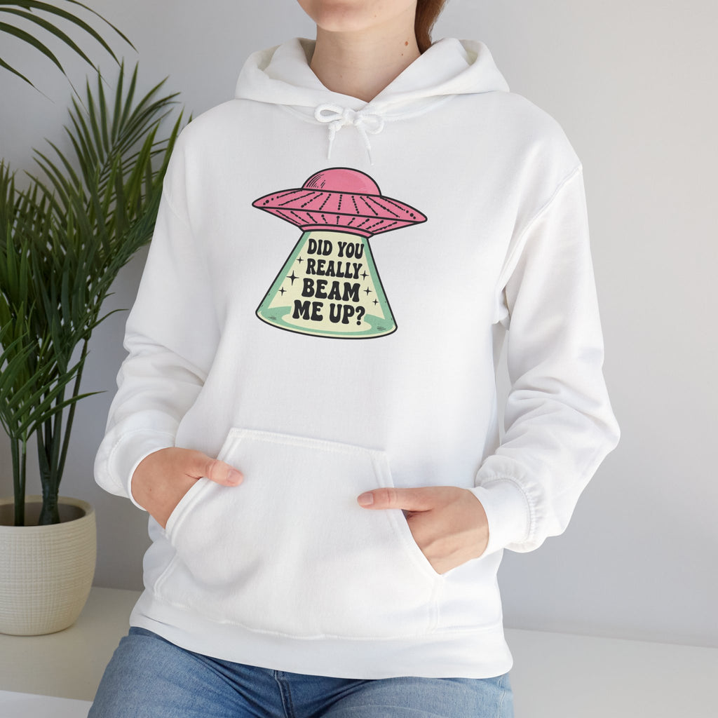 Alien UFO Hoodie — "Did You Really Beam Me Up?" Cute Retro Graphic Sweatshirt