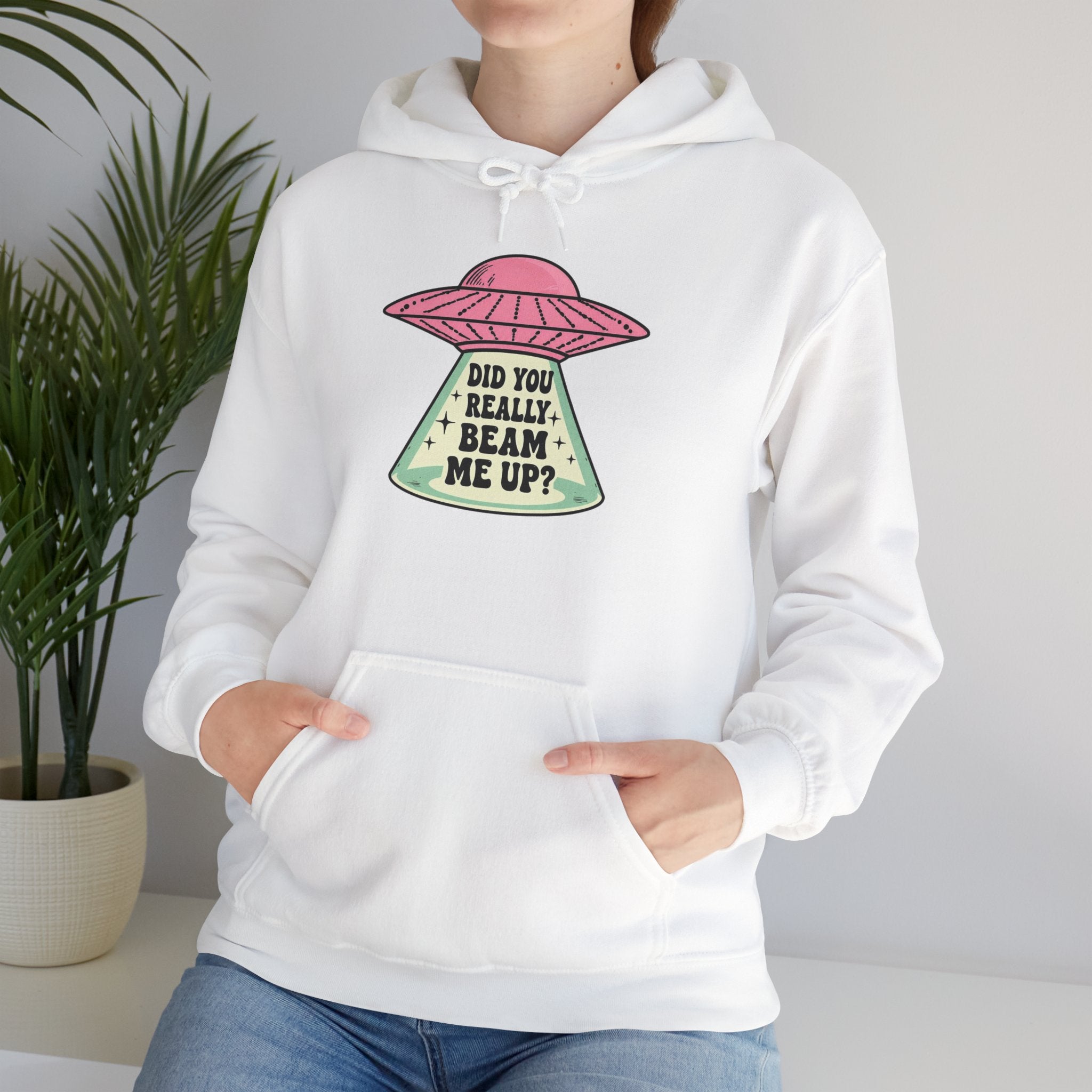 Alien UFO Hoodie — "Did You Really Beam Me Up?" Cute Retro Graphic Sweatshirt