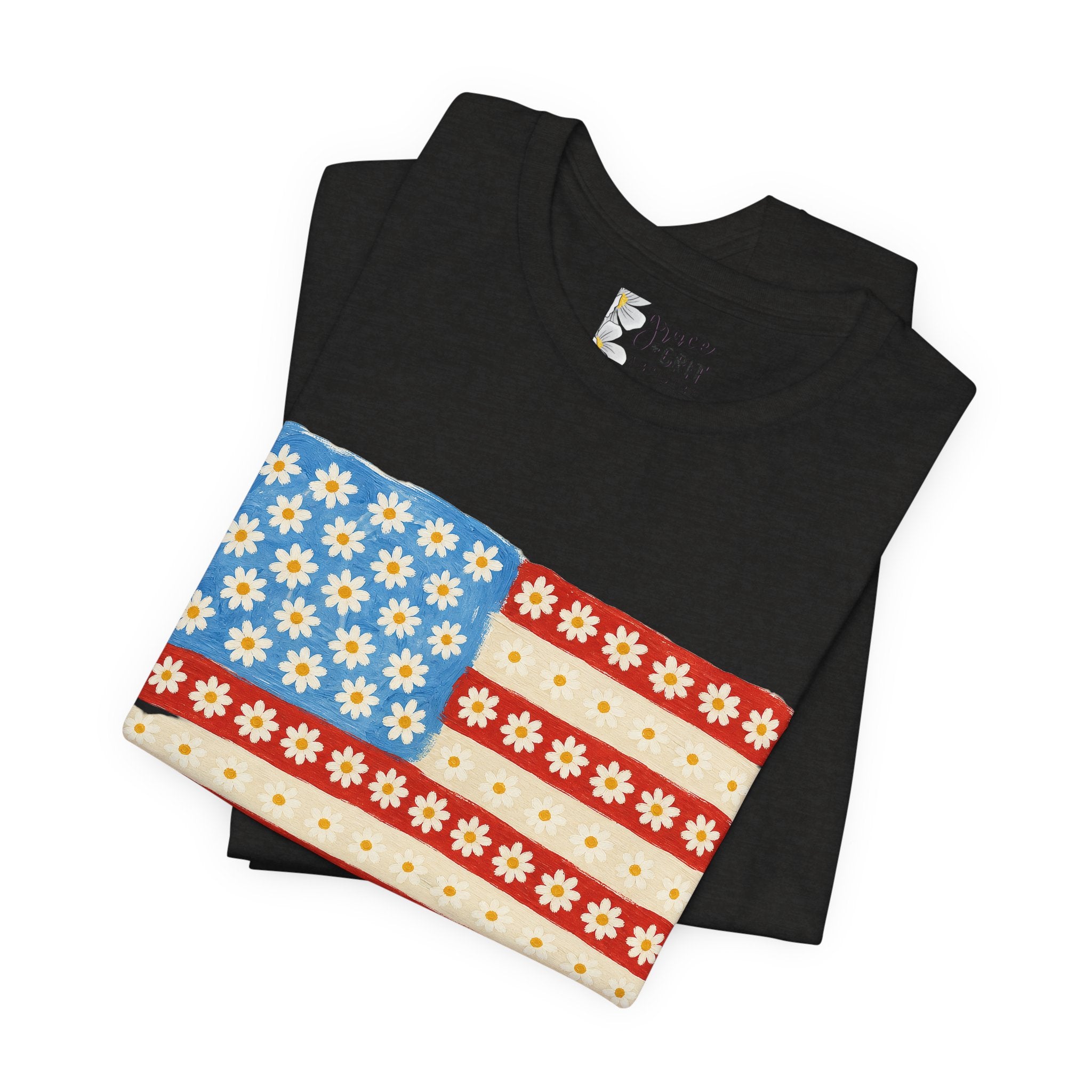 Daisy Flag T-Shirt — Retro Floral American Flag Tee for Patriotic Summer