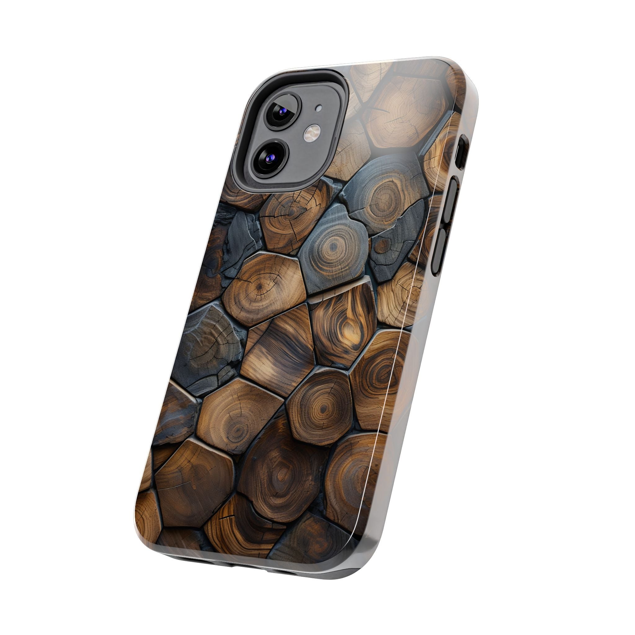 Woodgrain Hex Pattern Tough Phone Case — Rustic Log Cross-Section Design
