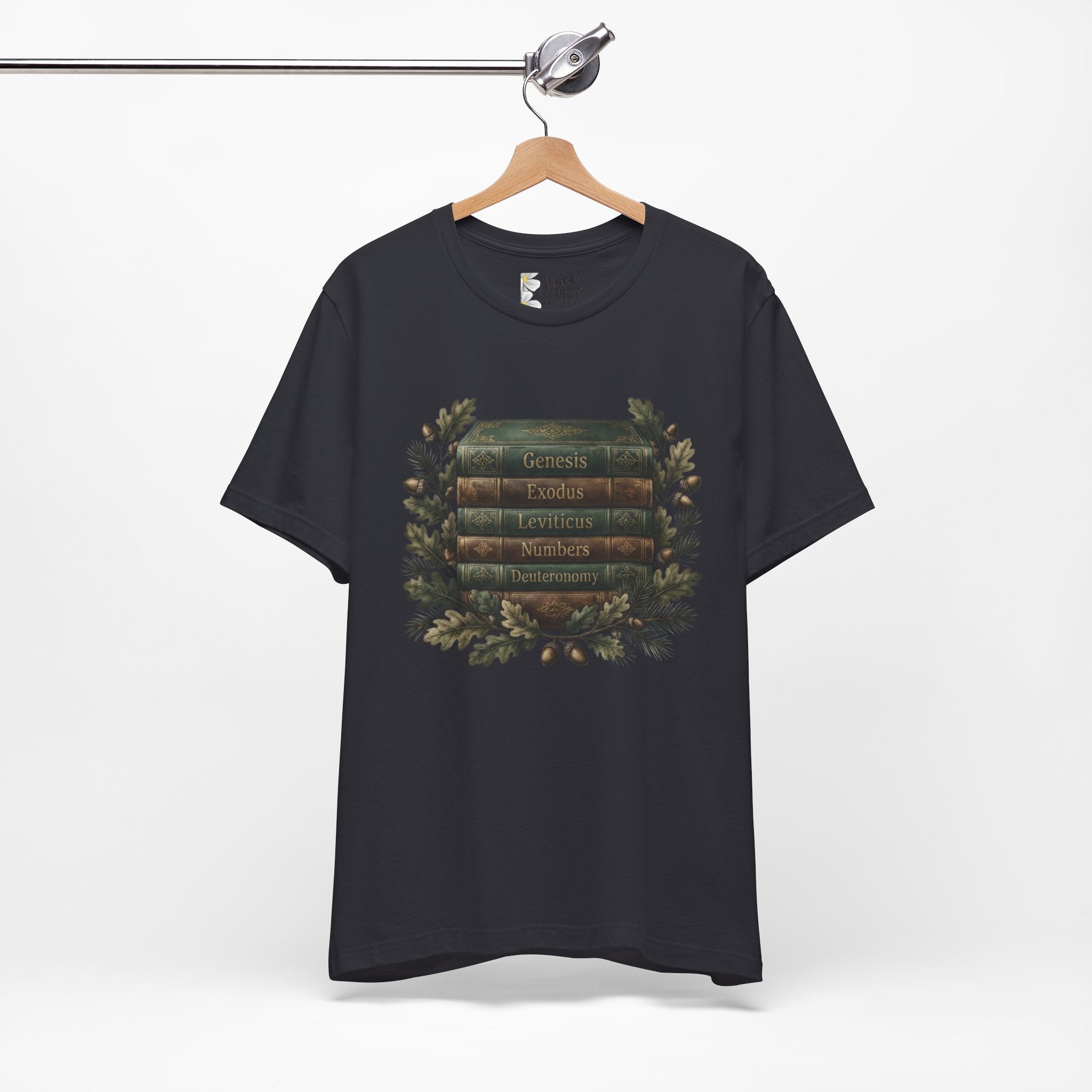 Bible Verse Stack T-Shirt — Genesis Exodus Leviticus Numbers Deuteronomy Floral Graphic
