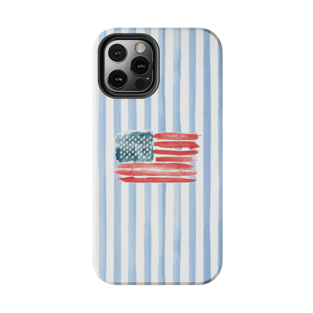 American Flag Watercolor Tough Phone Case — Blue Striped Patriotic Phone Case