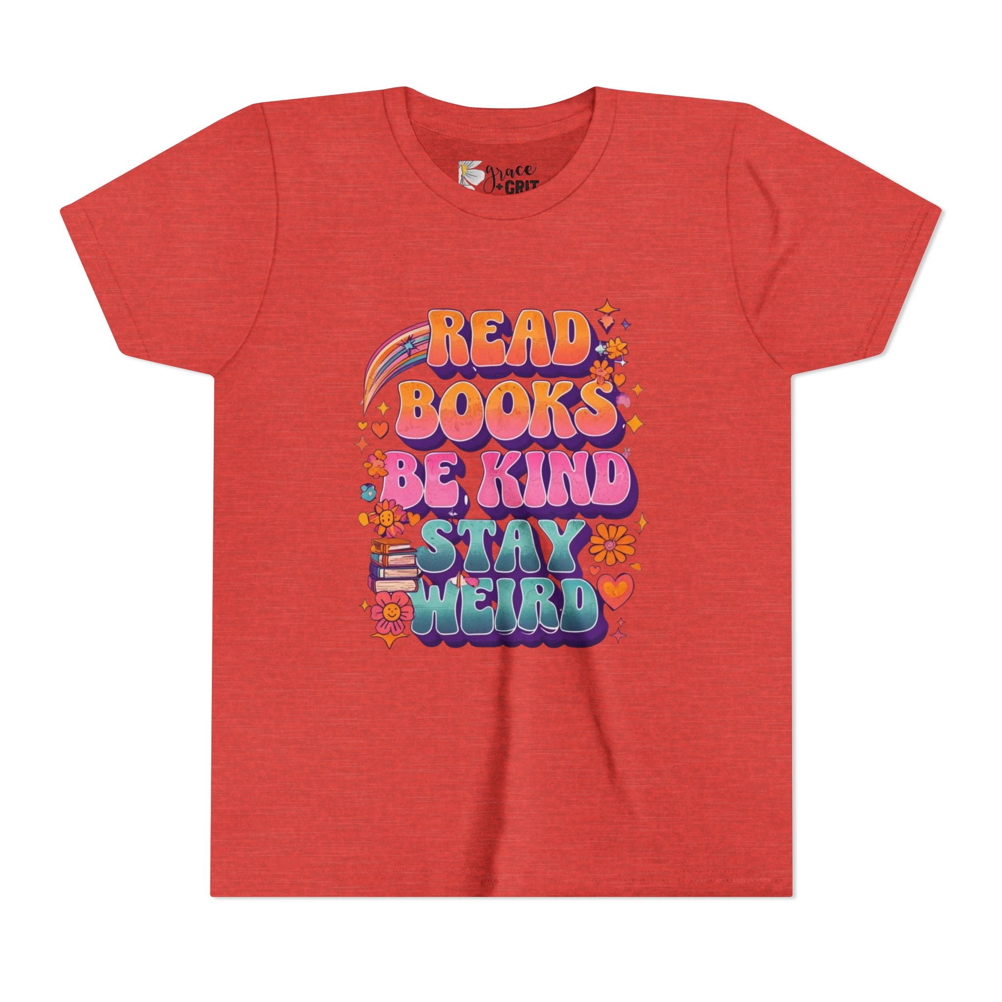 Youth Tee — "Read Books Be Kind Stay Weird" Retro Kids Graphic Shirt