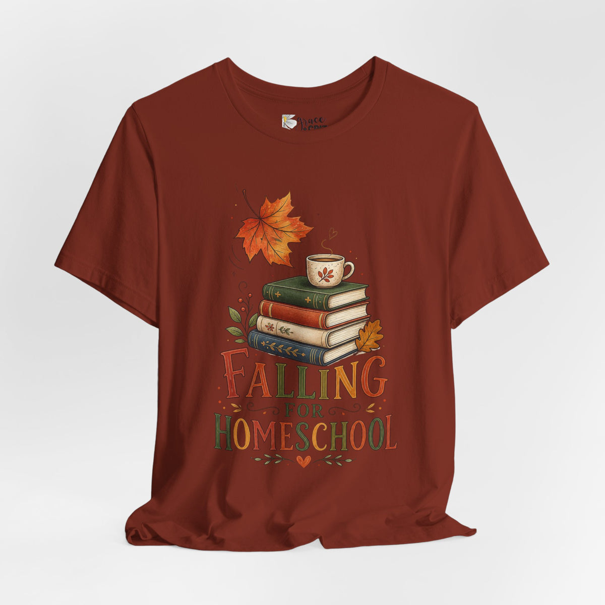 Fall Homeschool T‑Shirt – “Falling into Homeschool” Autumn Books & Coffee Tee