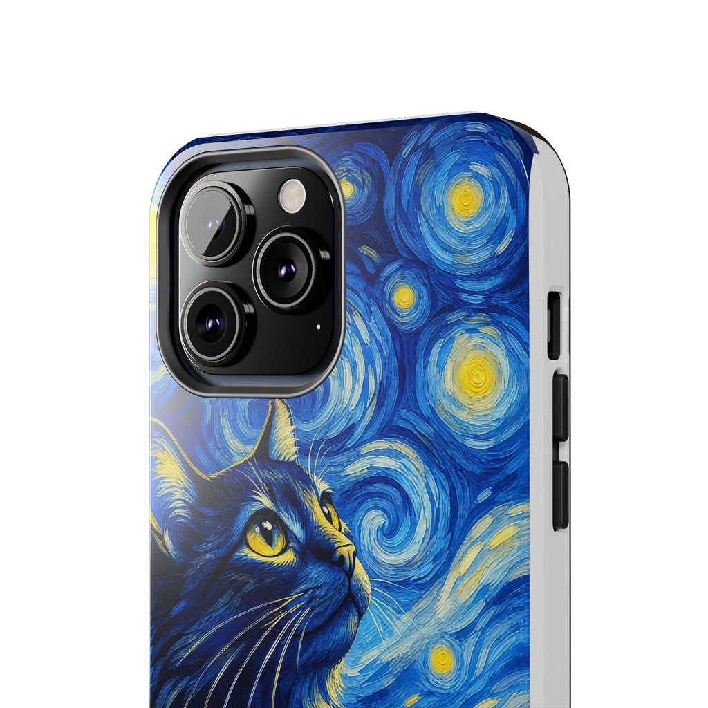 Starry Night Cat Tough Phone Case — Van Gogh Style Galaxy Kitten Protective Cover