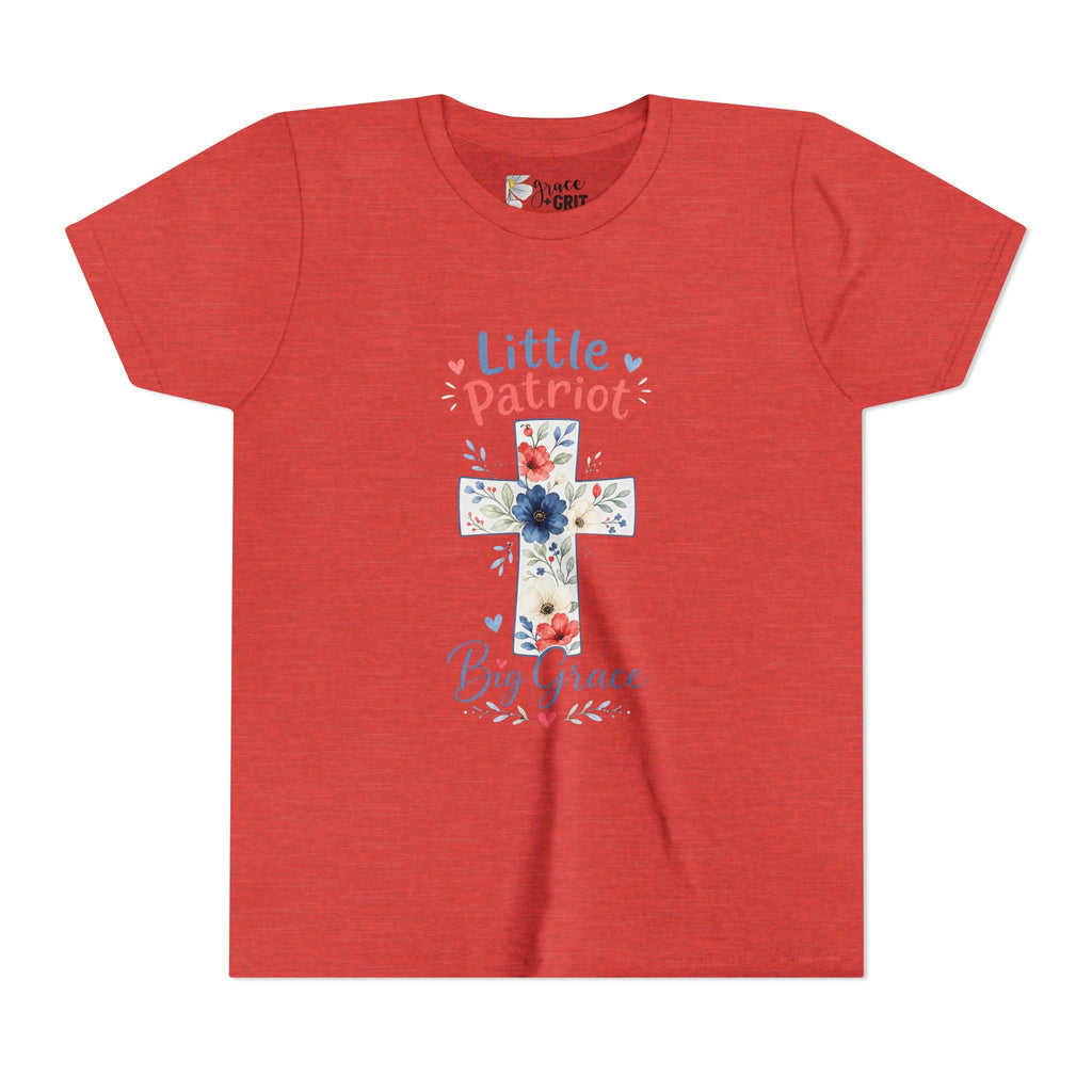 Little Patriot Big Grace Youth Tee — Floral Cross Christian Kids Shirt