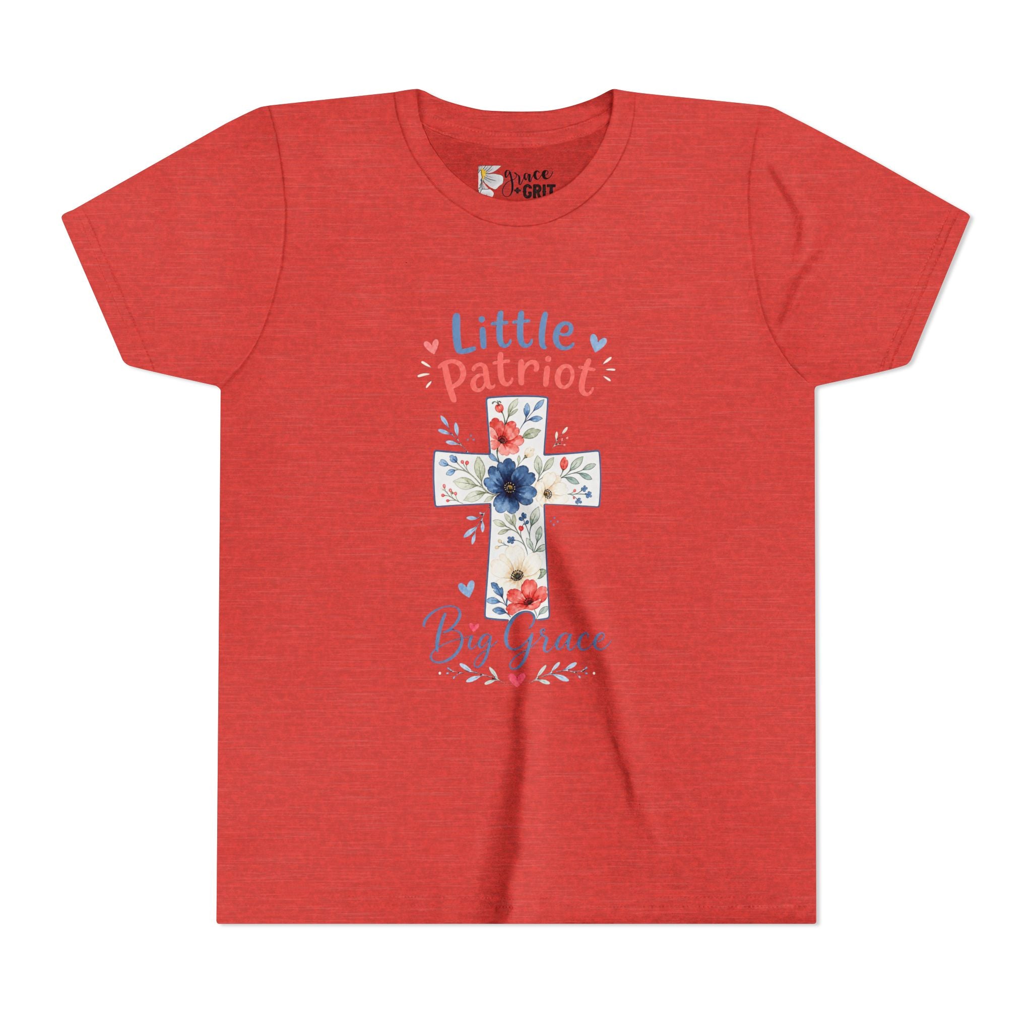 Little Patriot Big Grace Youth Tee — Floral Cross Christian Kids Shirt