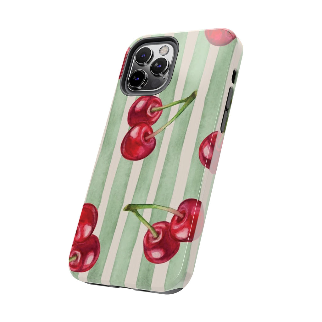 Cherry Stripe Tough Phone Case — Retro Watercolor Cherry Pattern Durable Phone Case