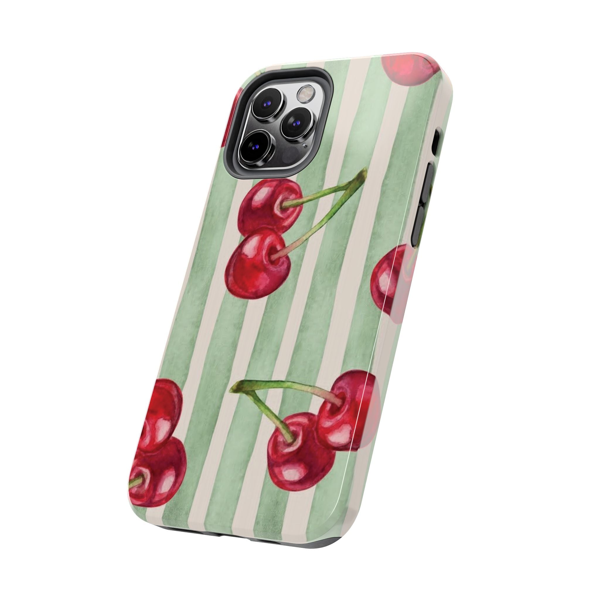 Cherry Stripe Tough Phone Case — Retro Watercolor Cherry Pattern Durable Phone Case