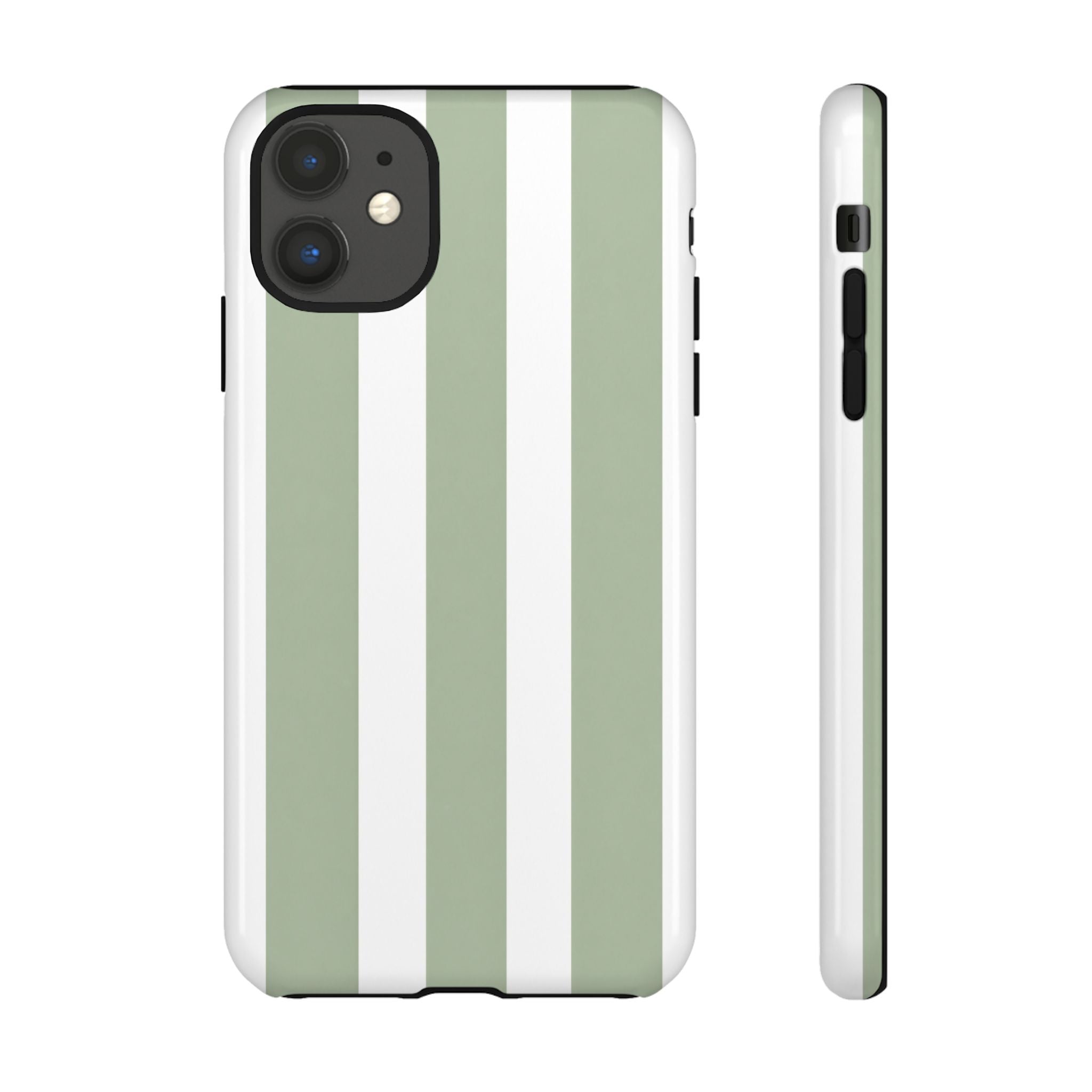 Striped Sage Tough Phone Case — Durable Green & White Vertical Stripe Phone Cover