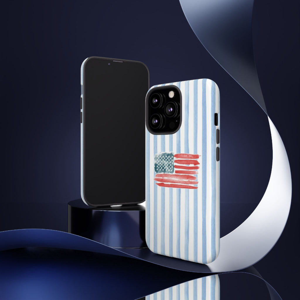 American Flag Watercolor Phone Case - Blue Stripe Tough Case