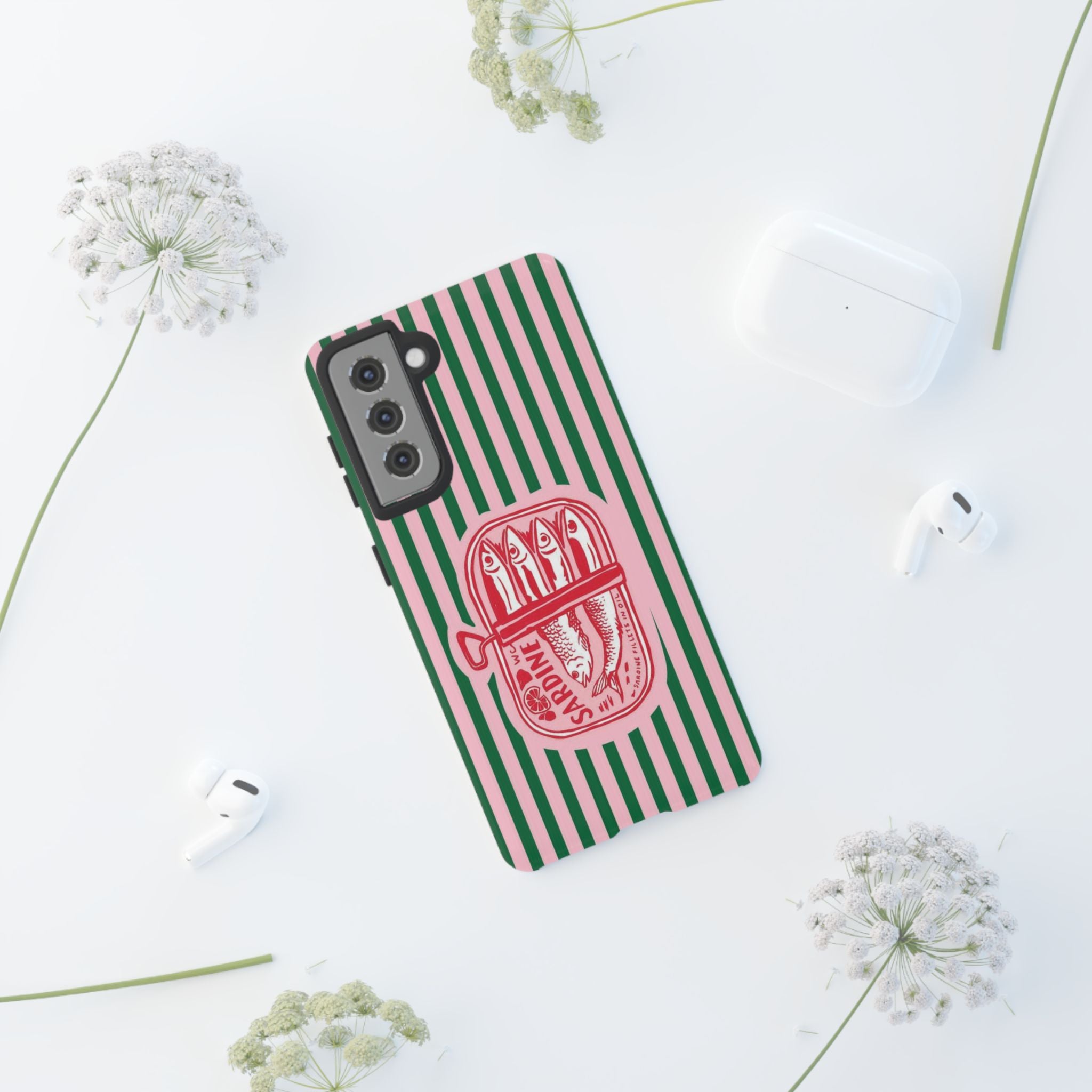 Sardine Stripe Phone Case — Retro Pink & Green Nautical Protection