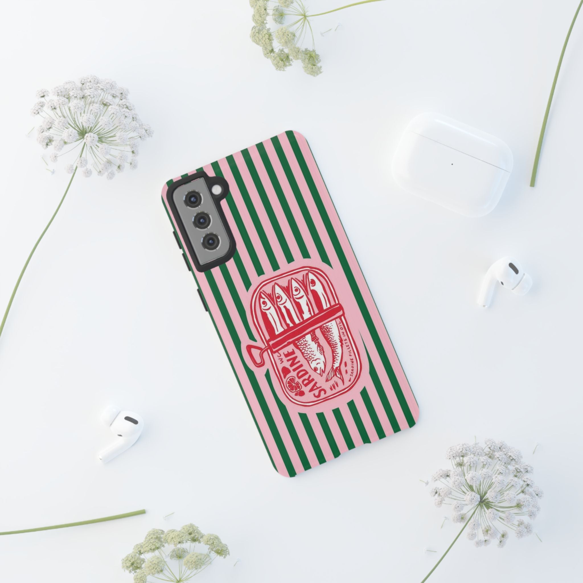 Sardine Stripe Phone Case — Retro Pink & Green Nautical Protection