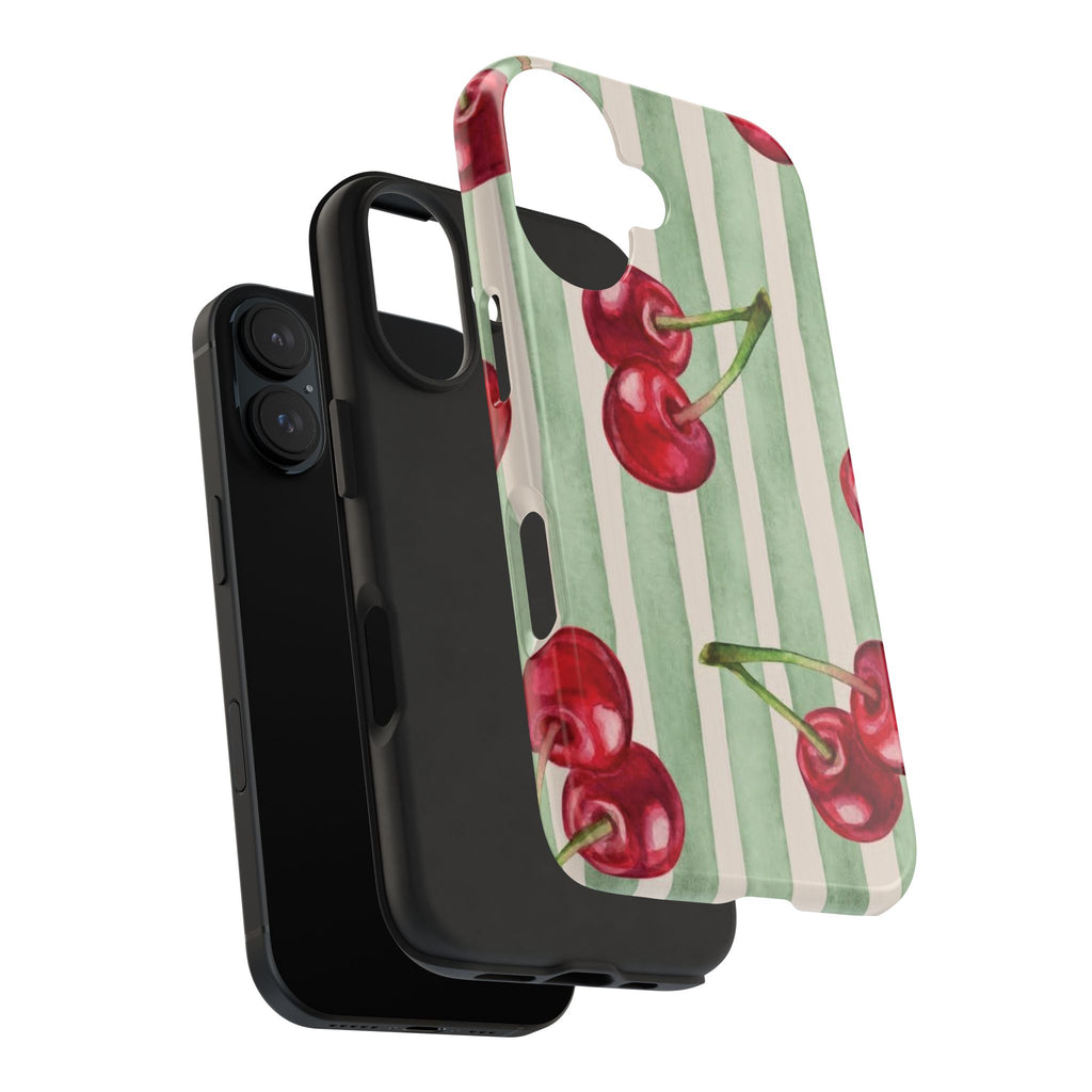 Cherry Stripe Tough Phone Case — Retro Watercolor Cherry Pattern Durable Phone Case