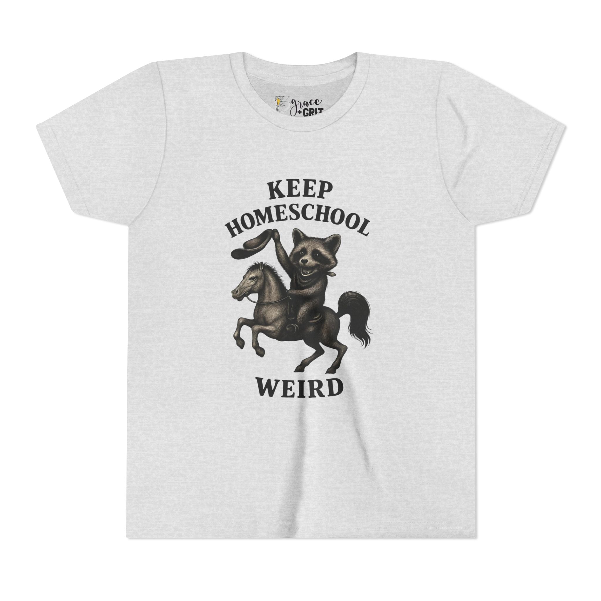 Keep Homeschool Weird Youth Tee | Raccoon Riding Horse Illustration