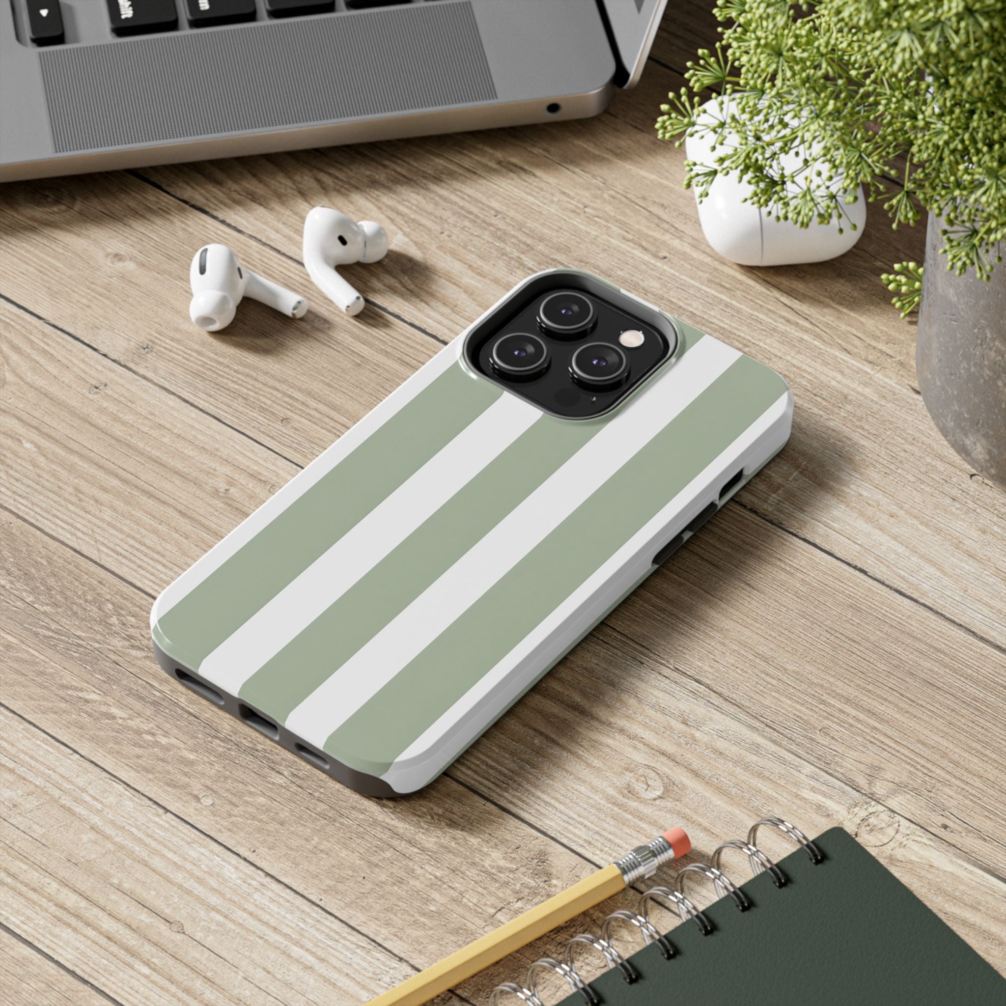 Sage & White Striped Tough Phone Case — Durable Protective Phone Cover