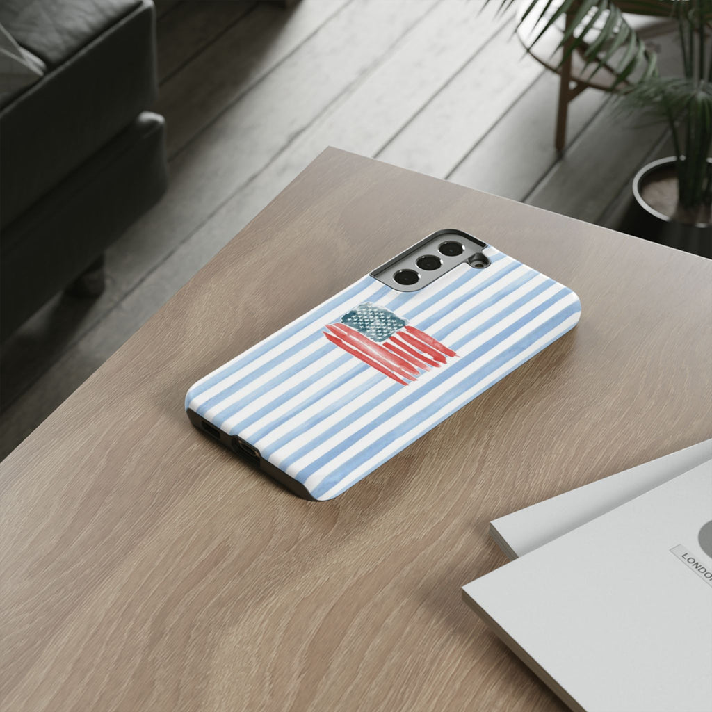 American Flag Watercolor Phone Case - Blue Stripe Tough Case