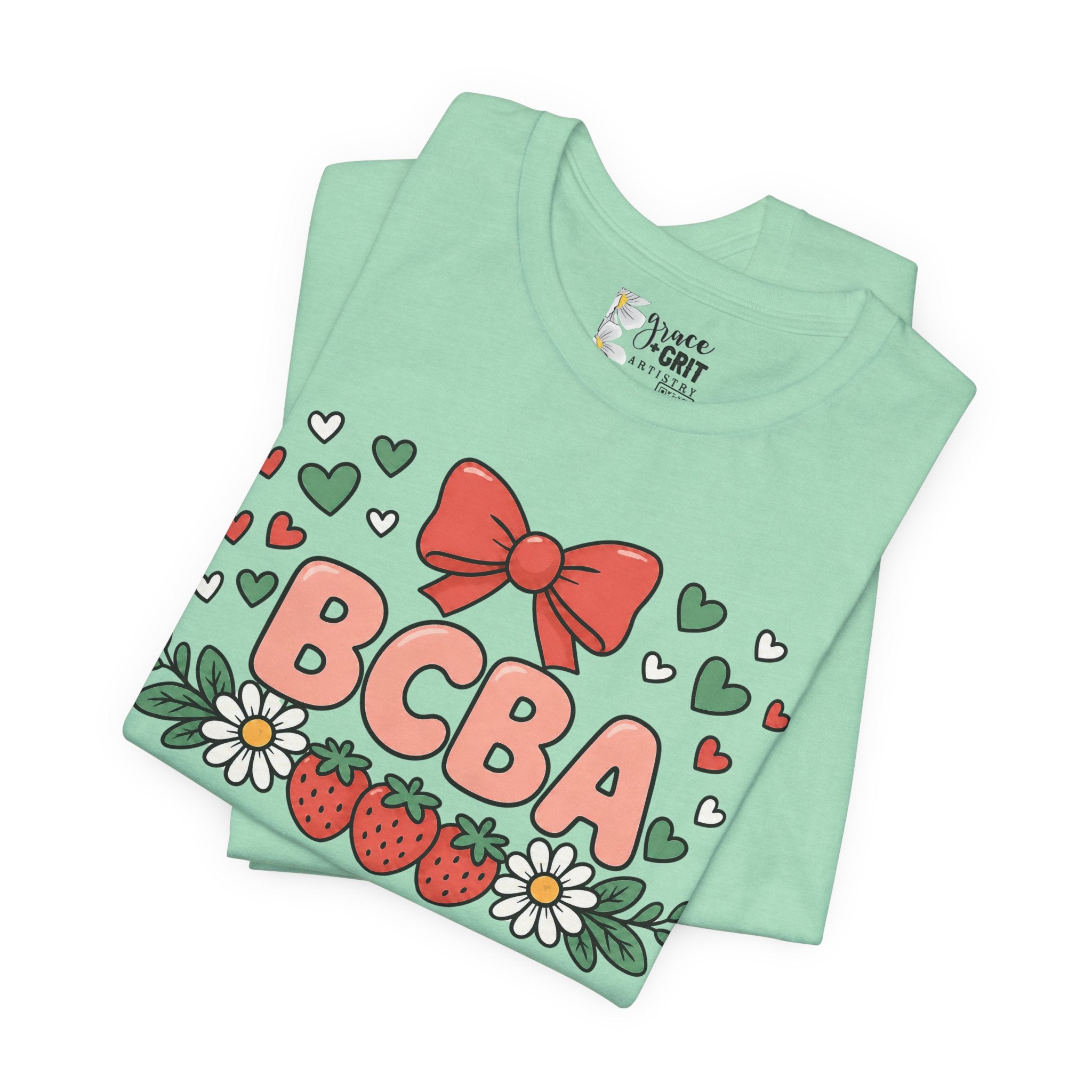 BCBA Strawberry Bow T-Shirt — Cute Floral ABA Therapist Gift