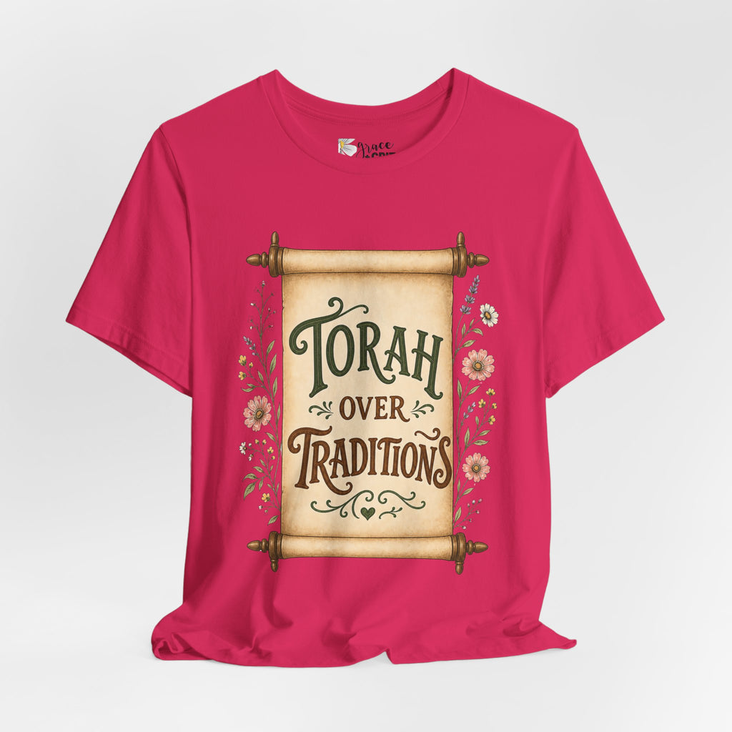 Torah Over Traditions T-Shirt — Vintage Scroll Floral Jewish Pride Tee
