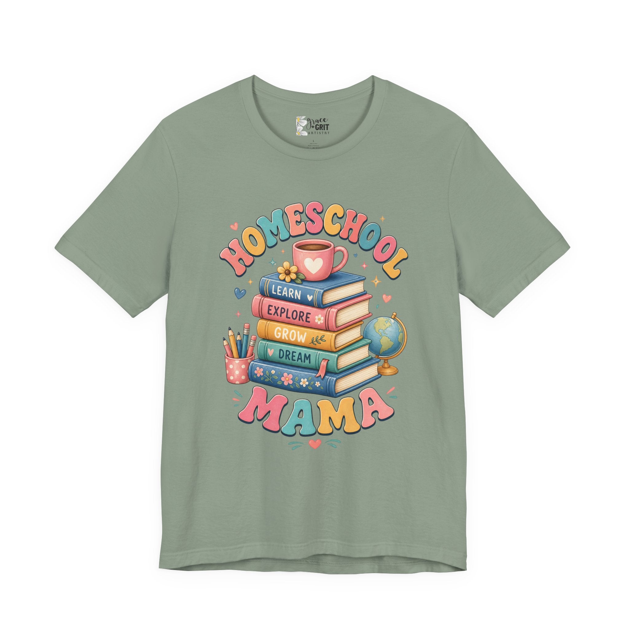 Homeschool Mama T-Shirt – Colorful Stacked Books Design
