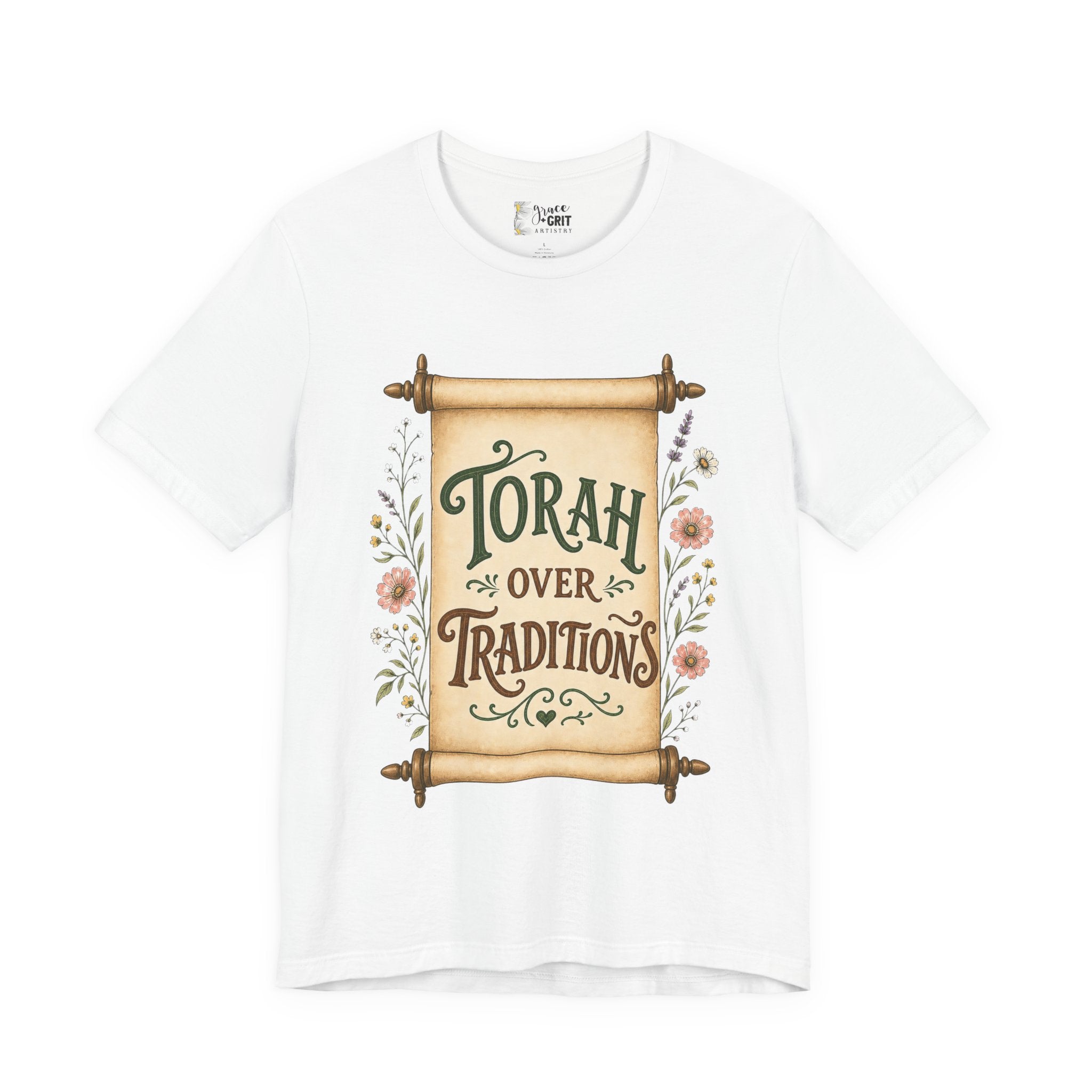 Torah Over Traditions T-Shirt — Vintage Scroll Floral Jewish Pride Tee