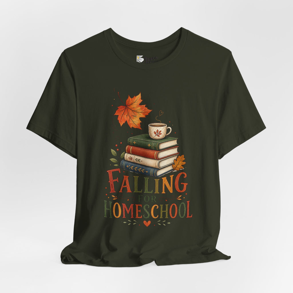 Fall Homeschool T‑Shirt – “Falling into Homeschool” Autumn Books & Coffee Tee