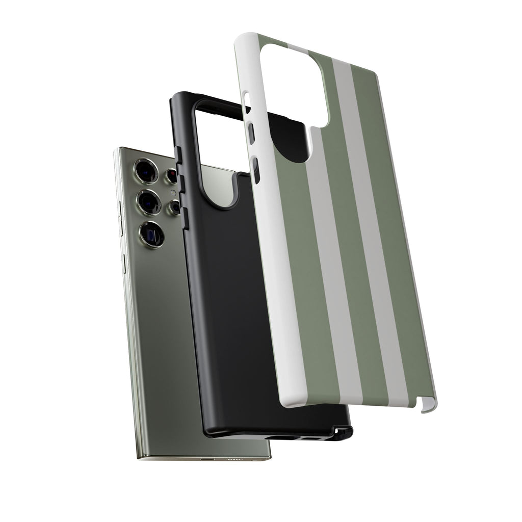 Striped Sage Tough Phone Case — Durable Green & White Vertical Stripe Phone Cover
