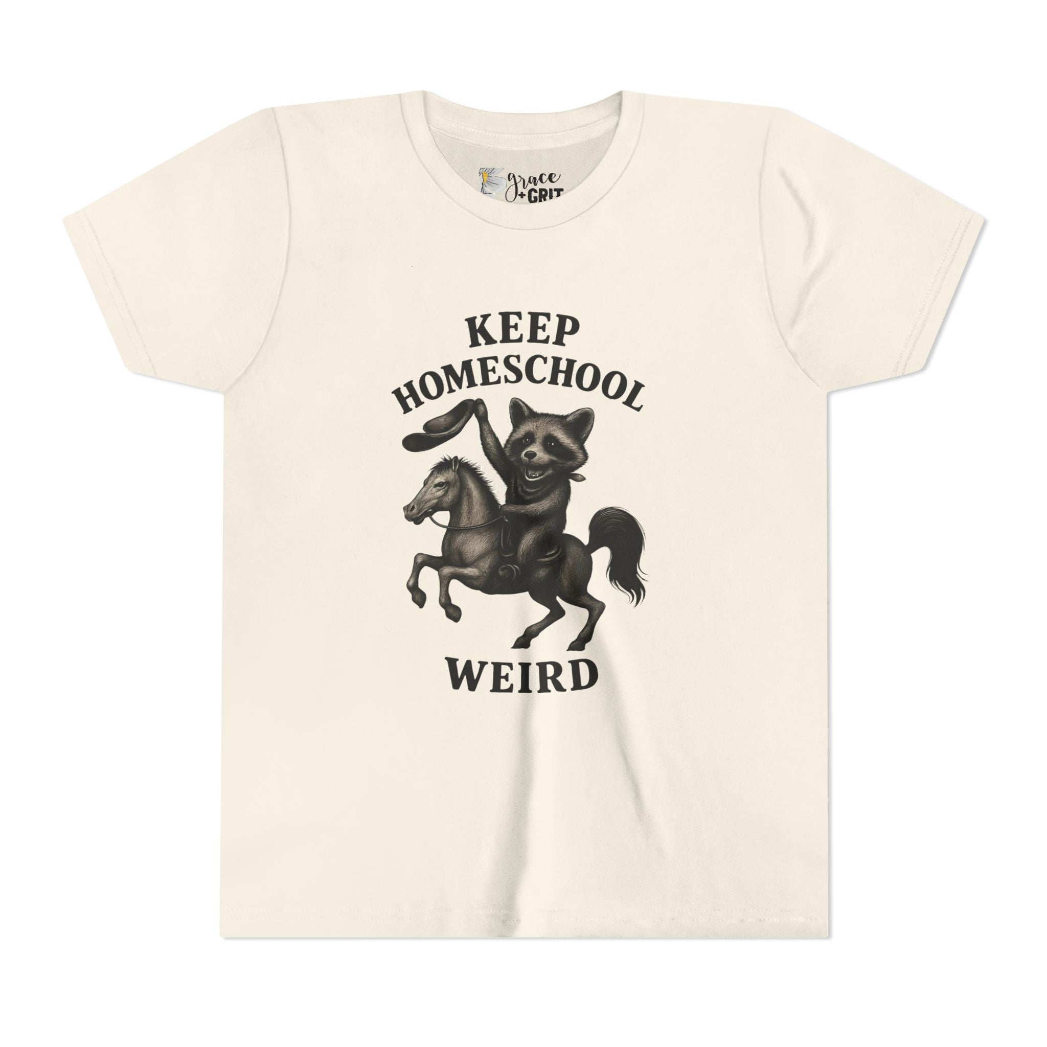Keep Homeschool Weird Youth Tee | Raccoon Riding Horse Illustration