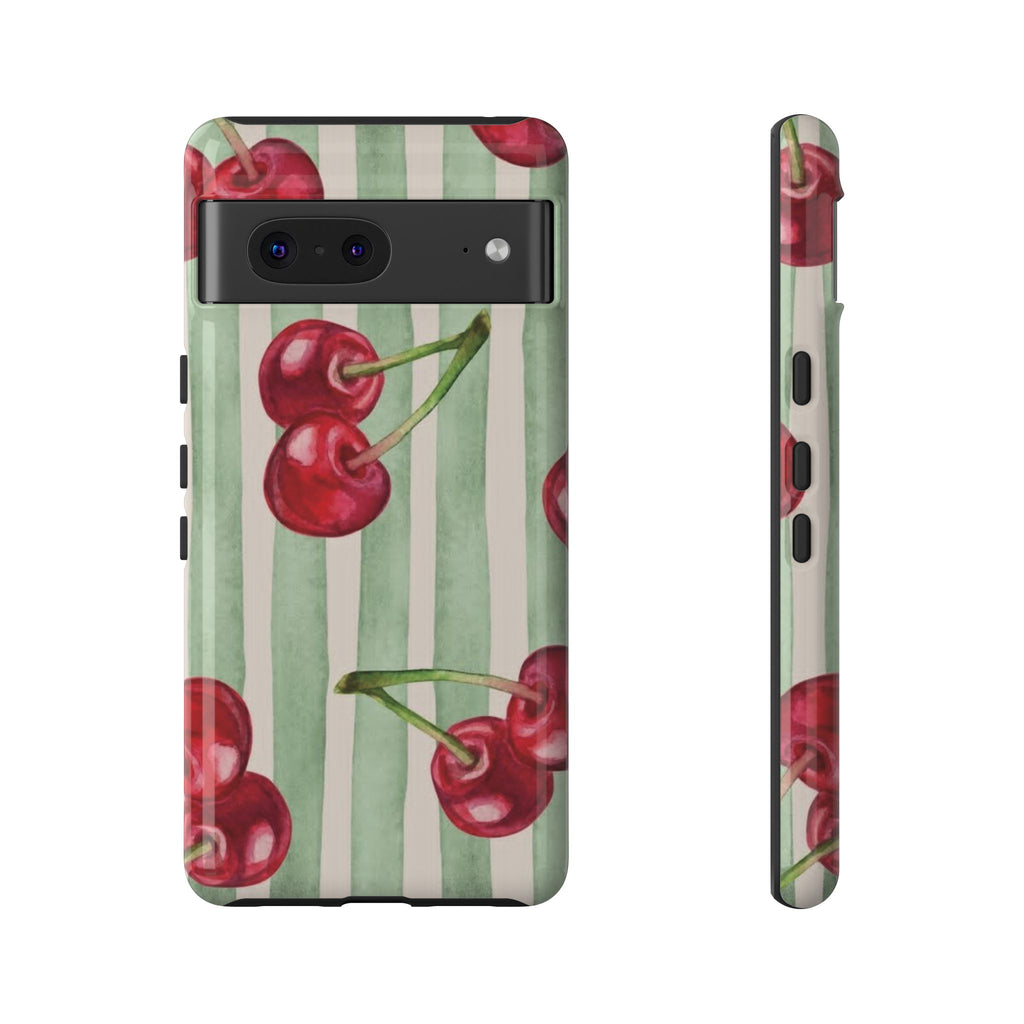 Cherry Stripe Phone Case – Retro Watercolor Cherries on Mint Stripes