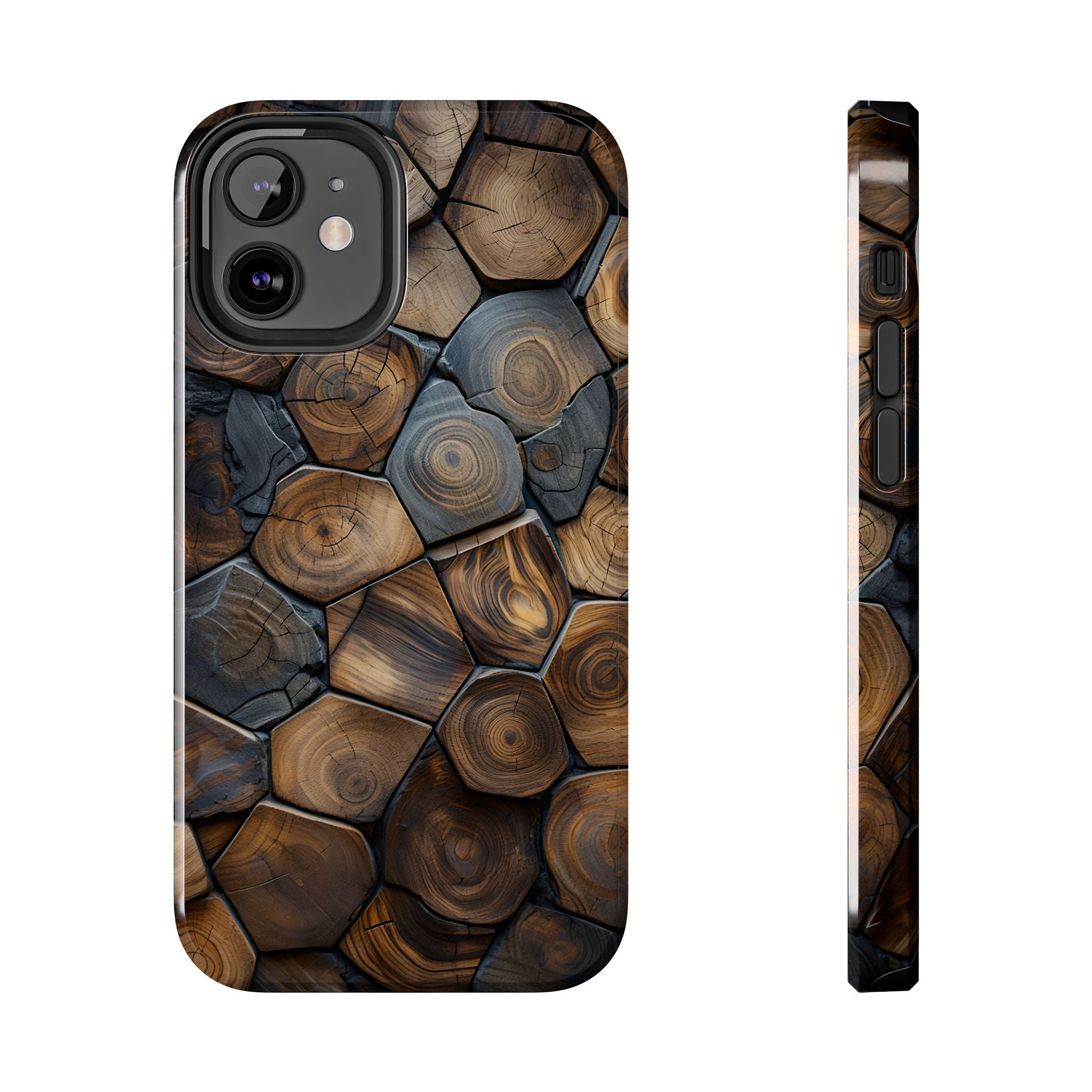 Woodgrain Hex Pattern Tough Phone Case — Rustic Log Cross-Section Design