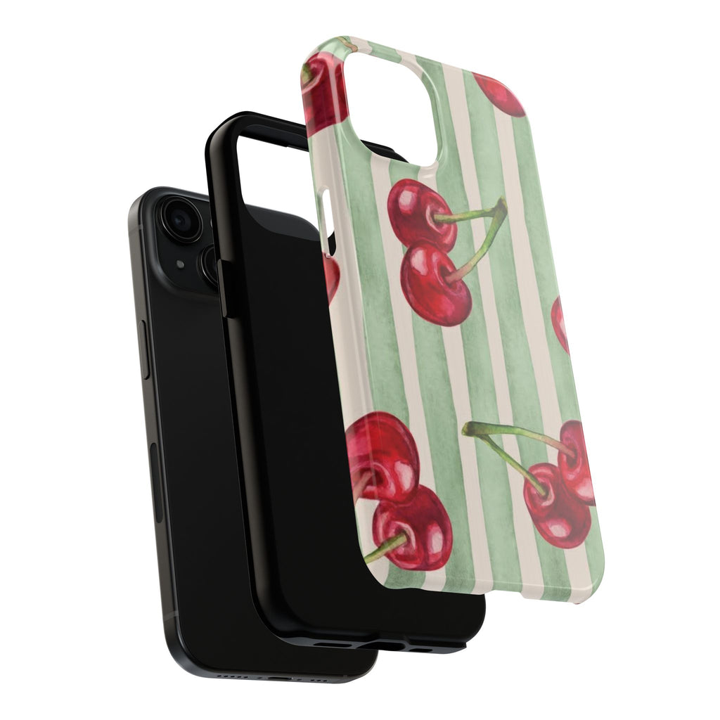 Cherry Stripe Tough Phone Case — Retro Watercolor Cherry Pattern Durable Phone Case