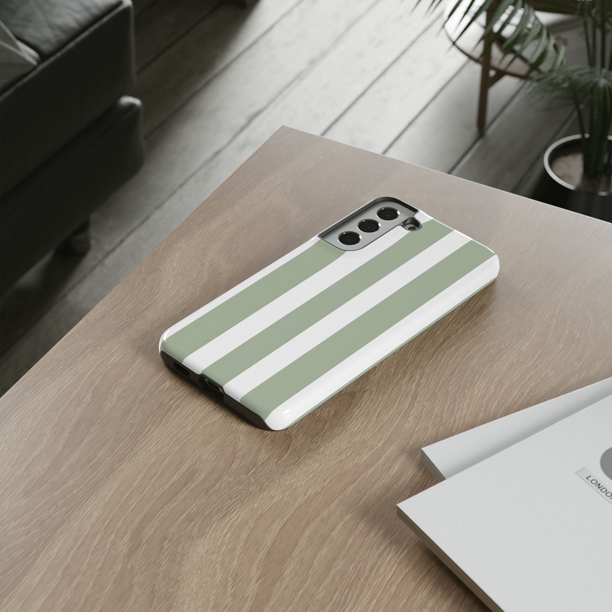 Striped Sage Tough Phone Case — Durable Green & White Vertical Stripe Phone Cover