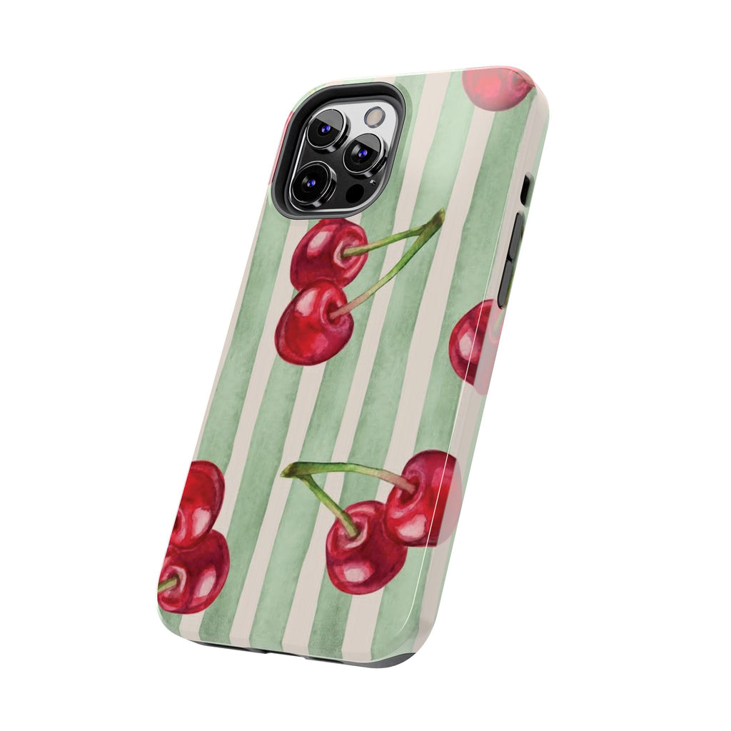 Cherry Stripe Tough Phone Case — Retro Watercolor Cherry Pattern Durable Phone Case
