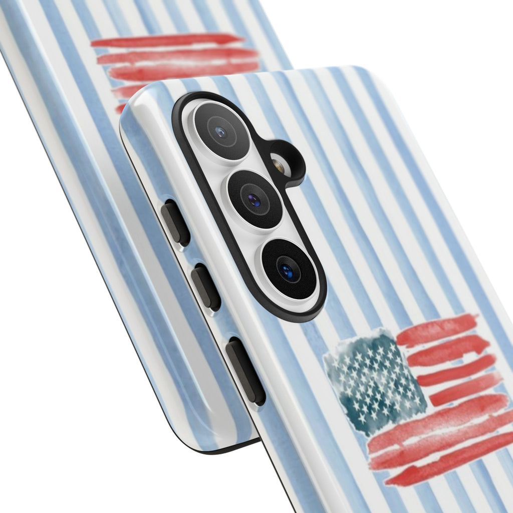 American Flag Watercolor Phone Case - Blue Stripe Tough Case