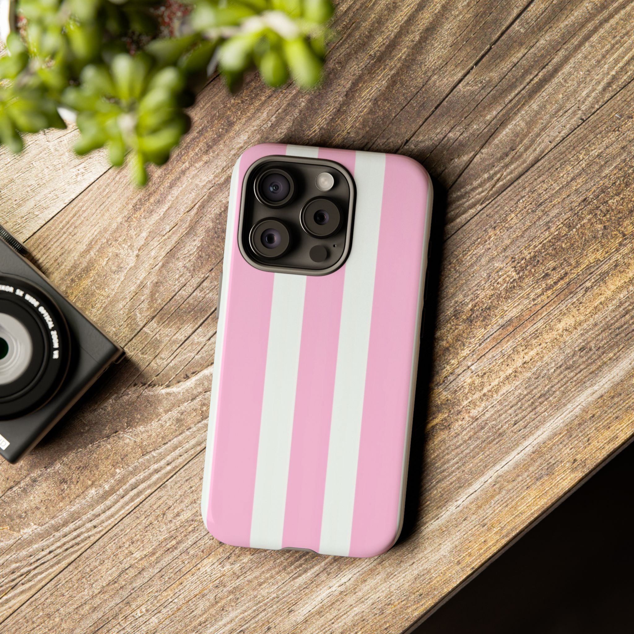 Pink & White Striped Tough Phone Case — Durable Protective Phone Cover