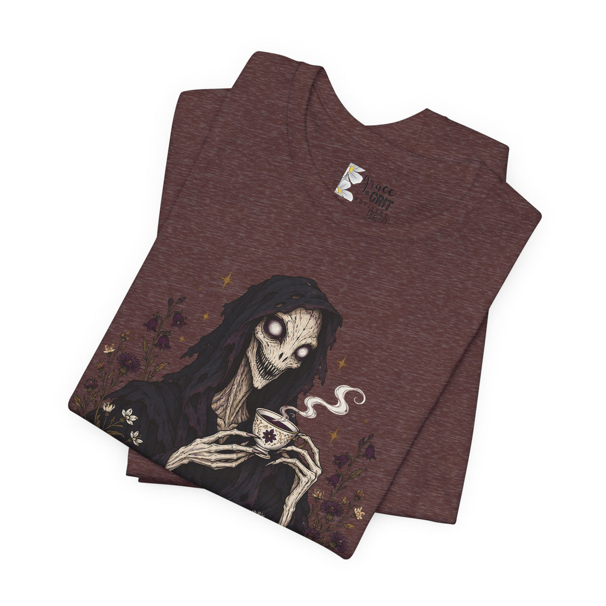 Gothic Reaper Tea T-Shirt — "Sorrel Tea: Hottest Tea in Purgatorium" Graphic Tee