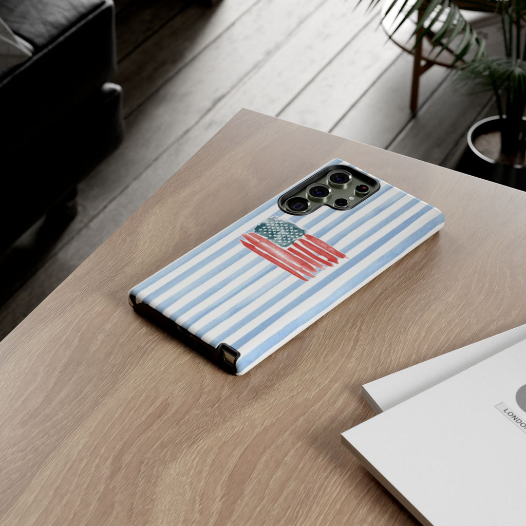 American Flag Watercolor Phone Case - Blue Stripe Tough Case