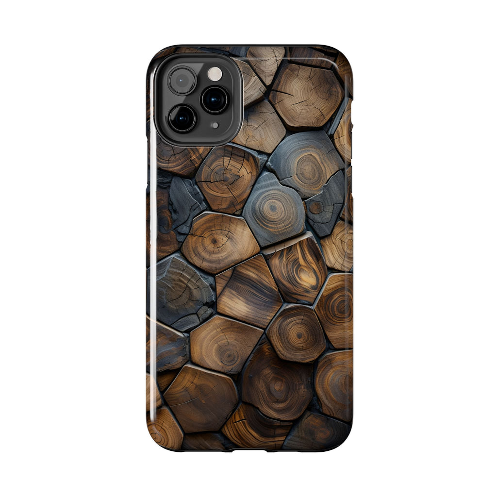 Woodgrain Hex Pattern Tough Phone Case — Rustic Log Cross-Section Design