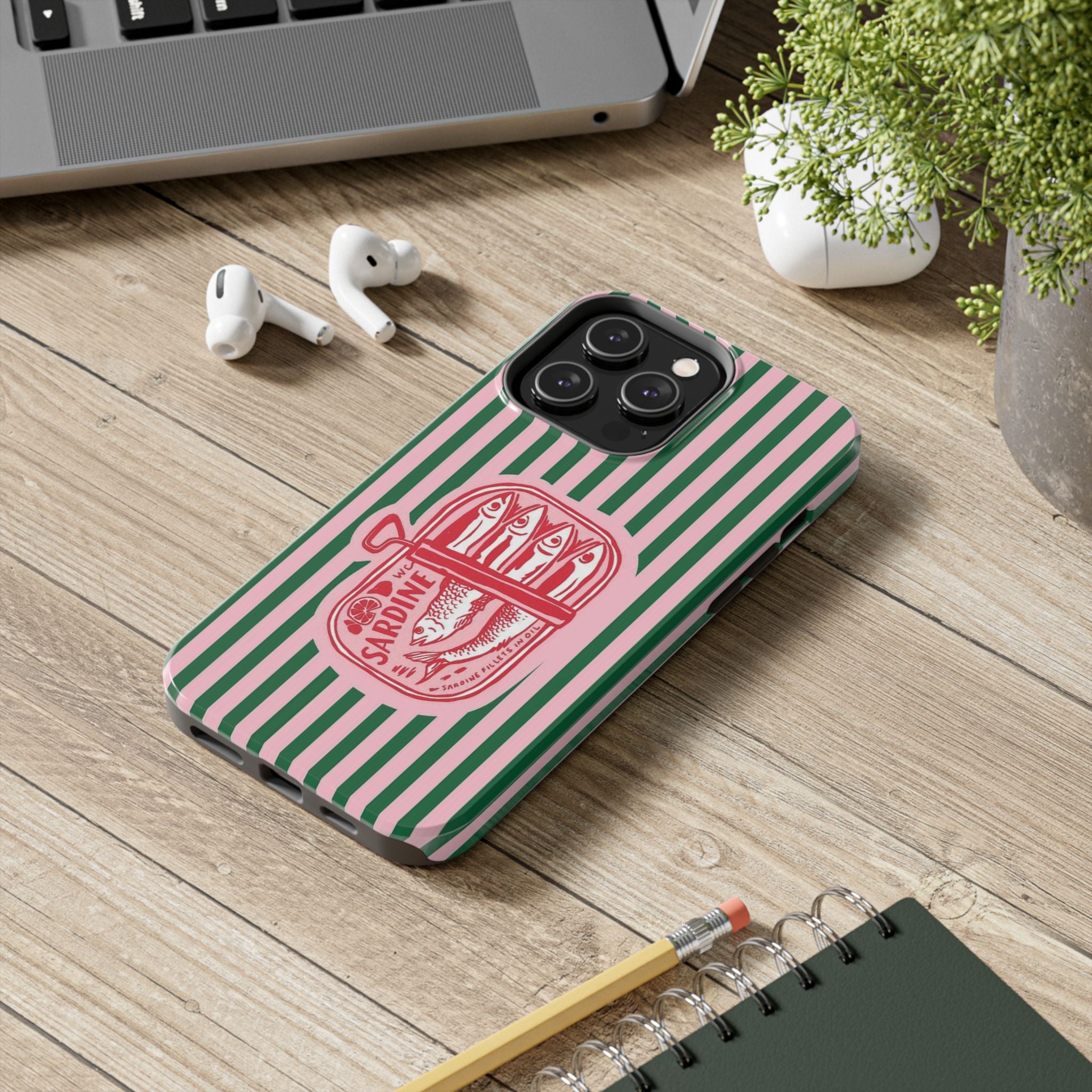 Sardine Stripes Tough Phone Case — Retro Pink & Green Protective Phone Cover