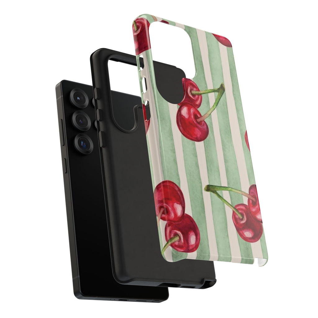 Cherry Stripe Phone Case – Retro Watercolor Cherries on Mint Stripes