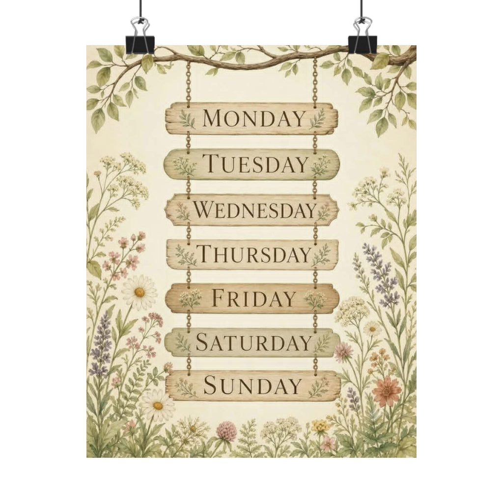 Vintage Floral Days of the Week Poster — Matte Vertical Wall Art